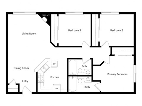Floor plan for 3 beds, 2 baths, 1017 sqft